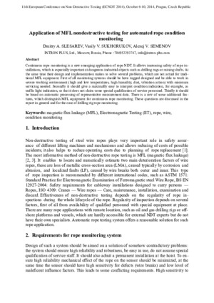 Application of MFL nondestructive testing for automated rope condition monitoring. — Dmitry A. Slesarev, Vasily V. Sukhorukov, Alexej V. Semenov. Report on 11th European Conference on Non-Destructive Testing (ECNDT 2014), October 6-10, 2014, Prague, Czech Republic.