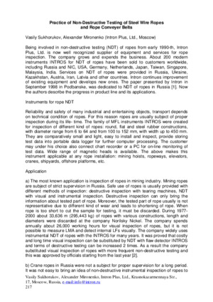 Practice of Non-Destructive Testing of Steel Wire Ropes and Rope Conveyor Belts. — V. Sukhorukov, A. Mironenko. The International Journal for Transport &amp; Logistics, 06/2004, pp.217-219.