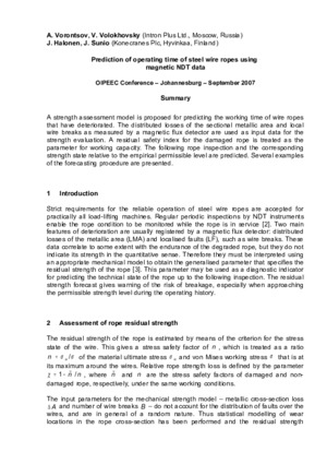 Prediction of operating time of steel wire ropes using magnetic NDT data. — A. Vorontsov, V. Volokhovsky, J. Halonen, J. Sunio. Proceedings of the OIPEEC Conference, September 2007.