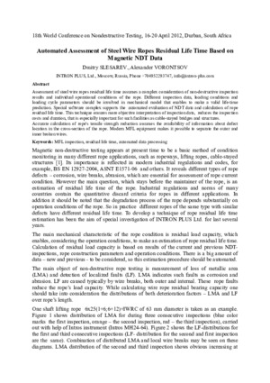 Automated Assessment of Steel Wire  Ropes Residual Life Time Based on Magnetic NDT Data. — D. Slesarev, A. Vorontsov. Proceedings of the 18th World Conference on Non-Destructive Testing, Durban, South Africa, 16-18 April 2012, p.7.